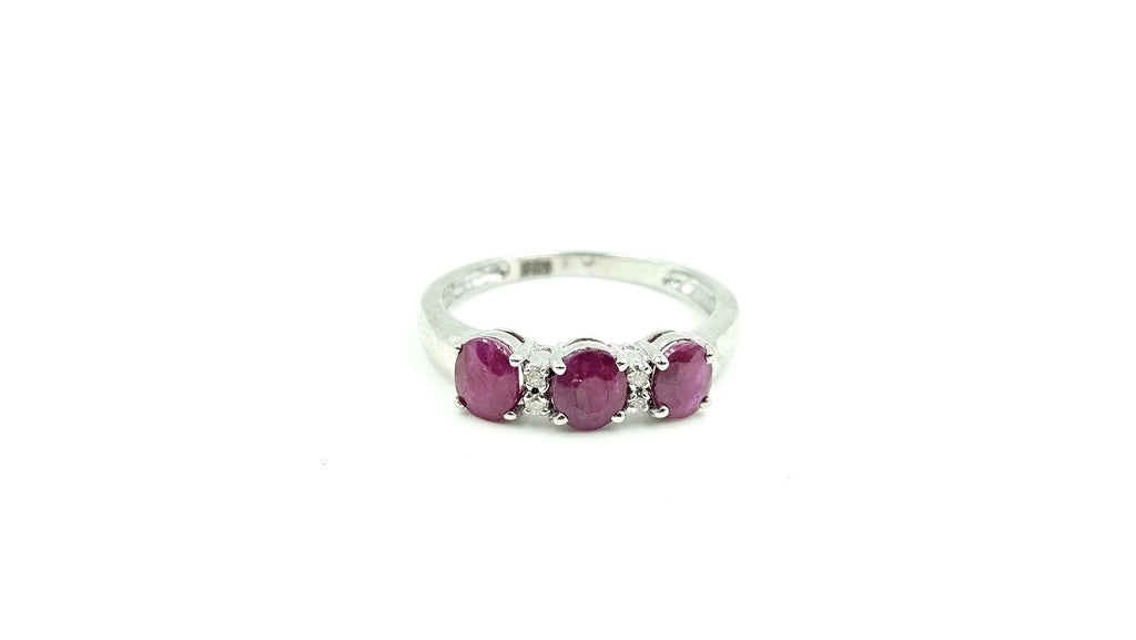 Three-Stone Ruby Ring with Diamond Accents – 925 Sterling Silver, 18K White Gold Vermeil