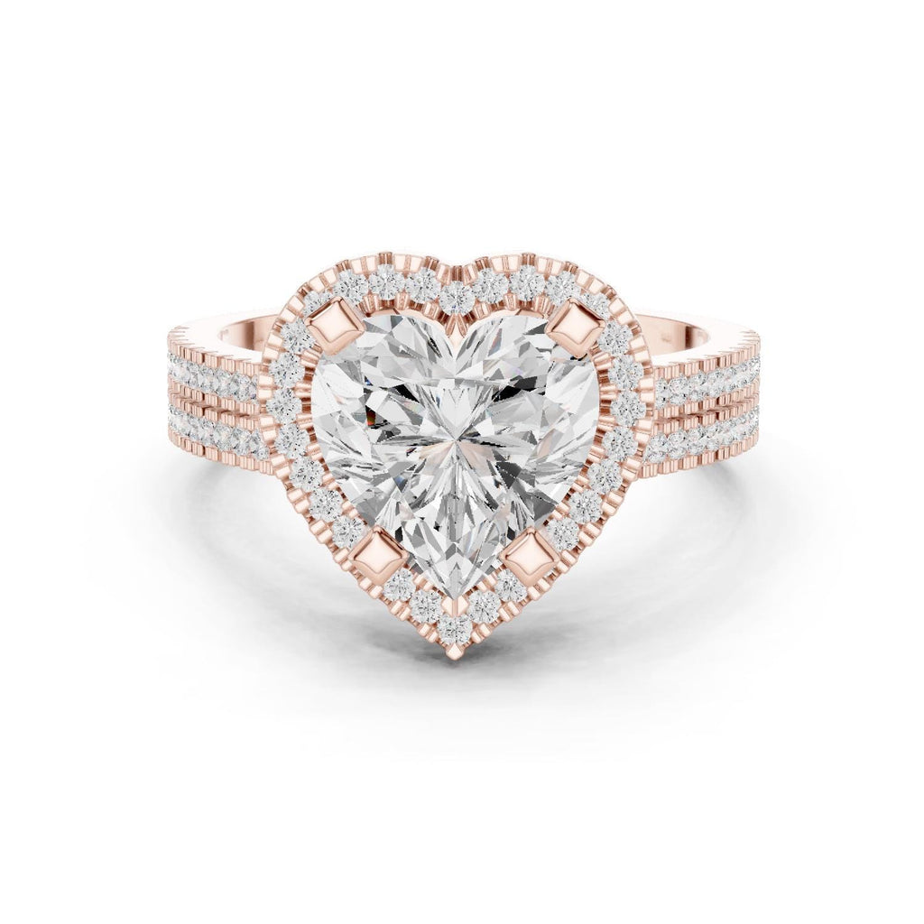 Heart-Shaped Moissanite Halo Ring with Triple-Row Pavé Band – 925 Sterling Silver, 18K Gold Vermeil