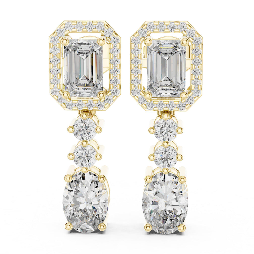 Emerald-Cut & Oval Moissanite Halo Drop Earrings – 925 Sterling Silver, 18K Gold Vermeil