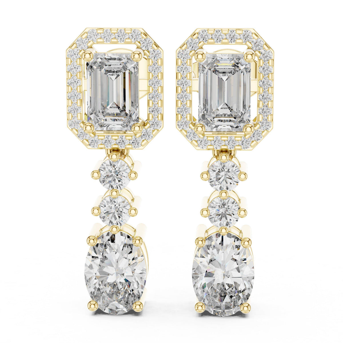 Emerald-Cut & Oval Moissanite Halo Drop Earrings – 925 Sterling Silver, 18K Gold Vermeil