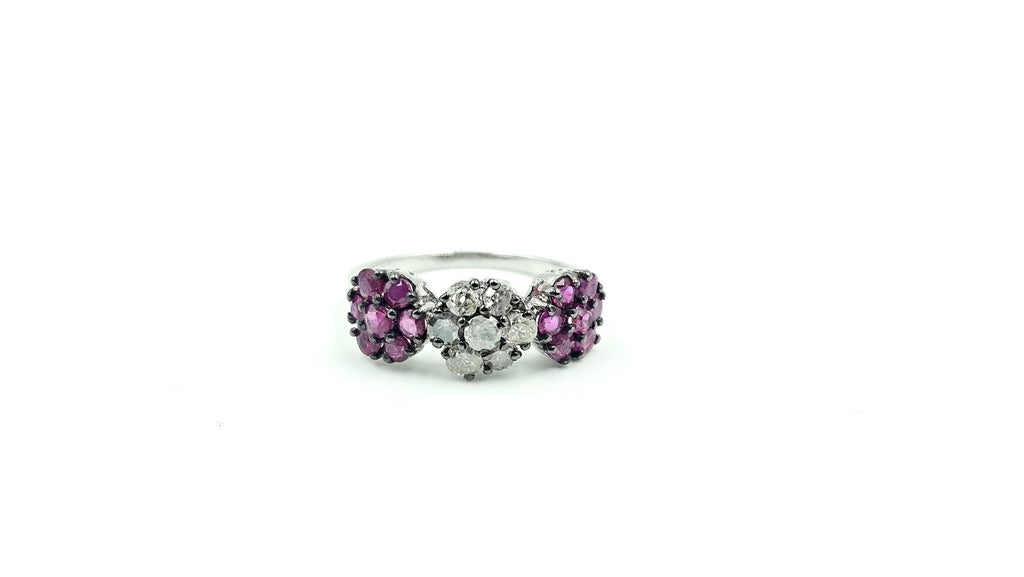 Triple-Cluster Ruby & Diamond Ring – 925 Sterling Silver, 18K White Gold Vermeil