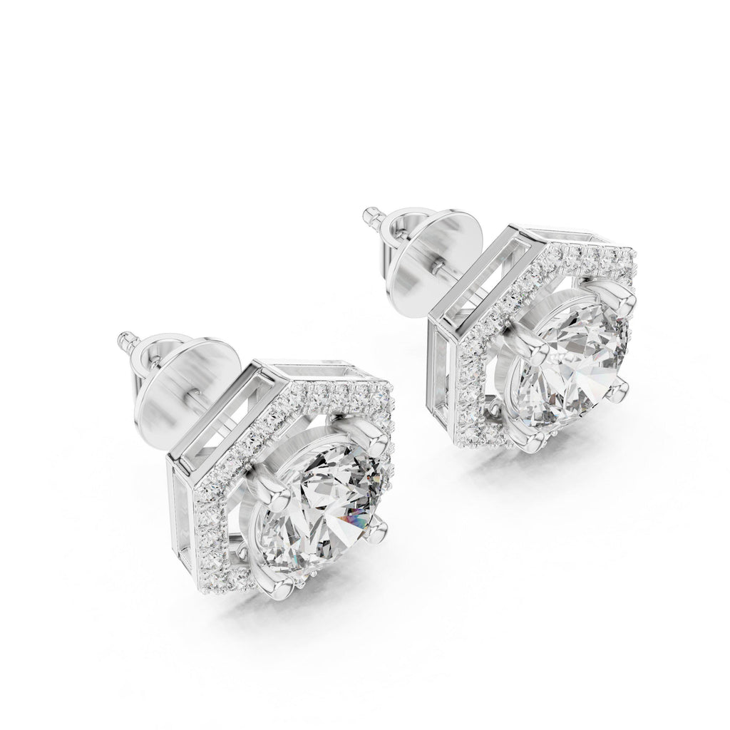 Hexagon Halo Round Moissanite Stud Earrings – 925 Sterling Silver, 18K Gold Vermeil