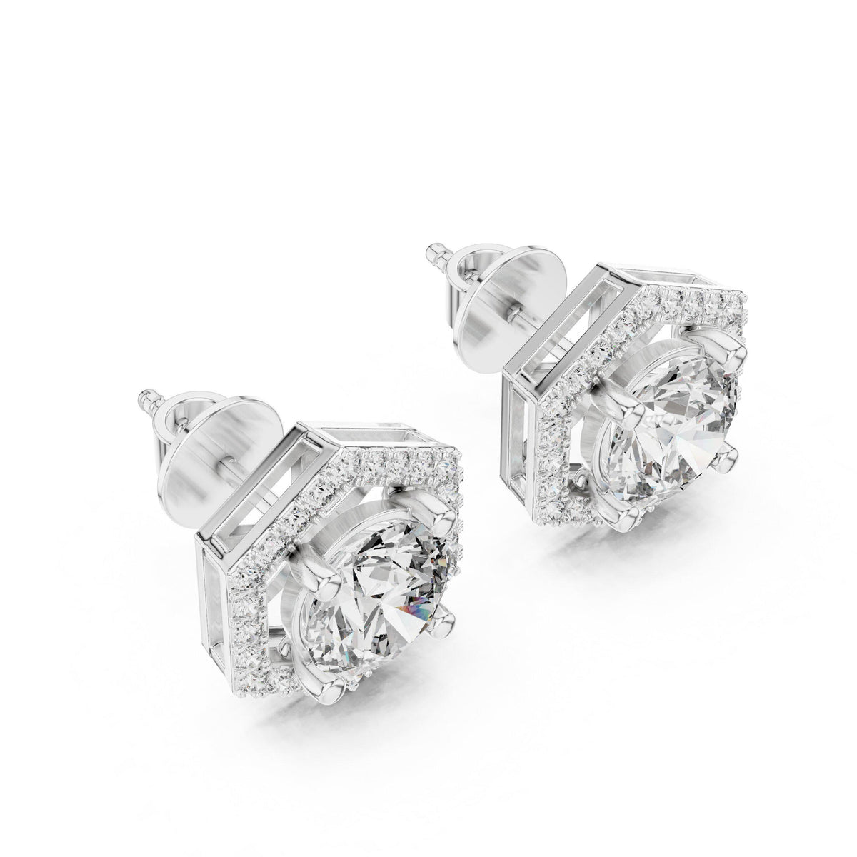 Hexagon Halo Round Moissanite Stud Earrings – 925 Sterling Silver, 18K Gold Vermeil
