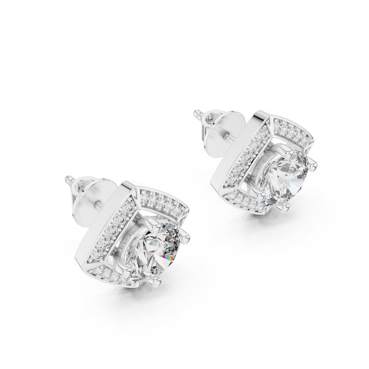 Square Halo Round Moissanite Stud Earrings – 925 Sterling Silver, 18K Gold Vermeil