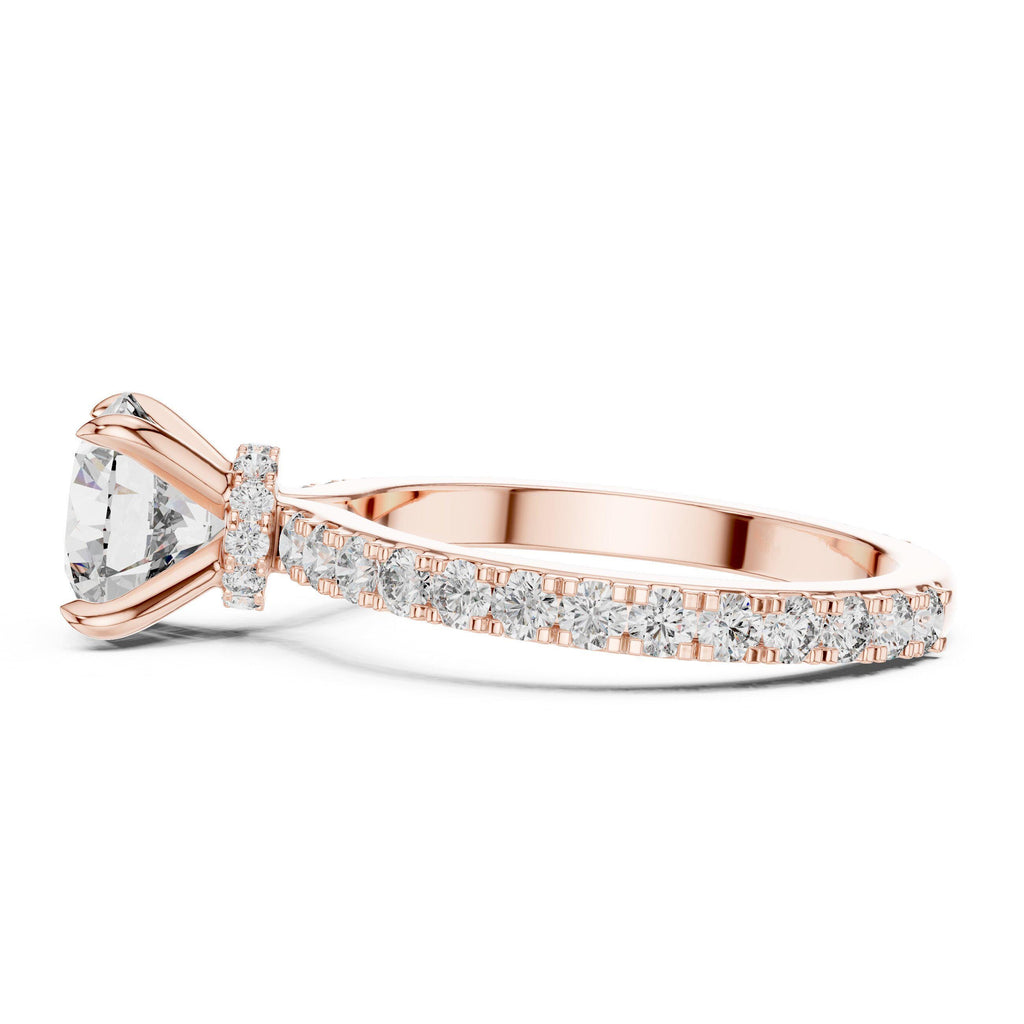 Round Moissanite Solitaire Ring with Pavé Band, Four-Prong – 925 Sterling Silver, 18K Gold Vermeil