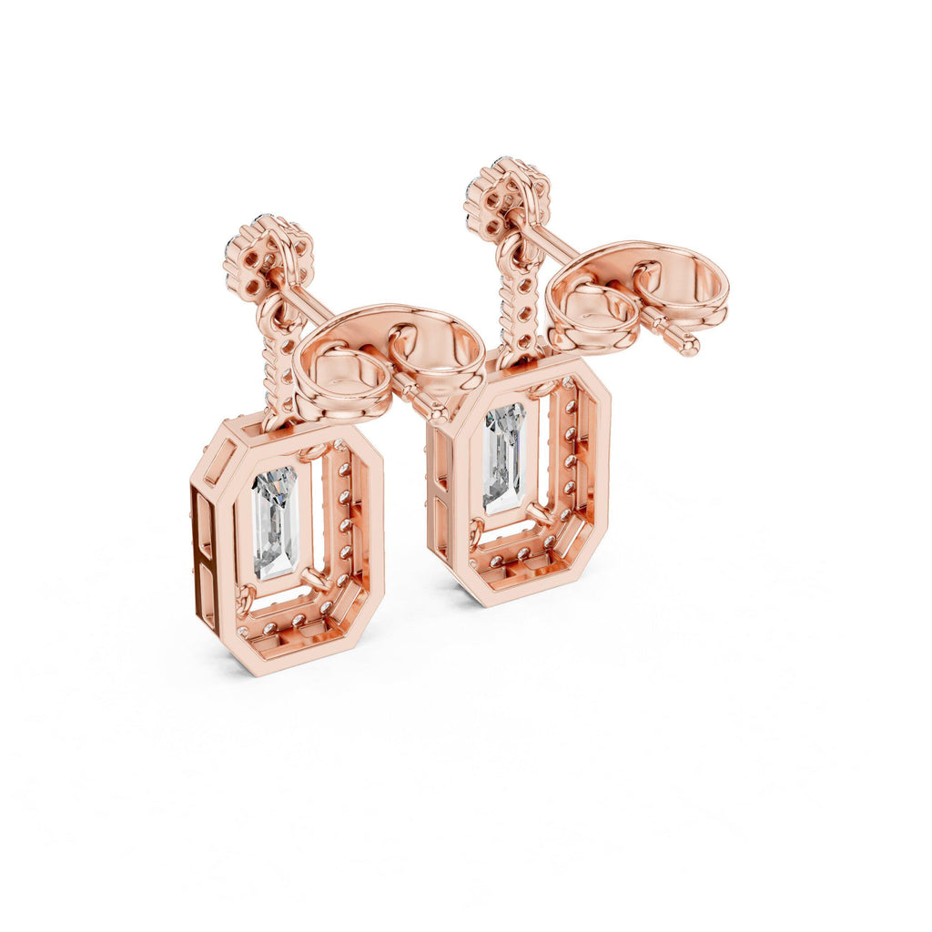 Emerald-Cut Moissanite Octagon Halo Drop Earrings – 925 Sterling Silver, 18K Gold Vermeil