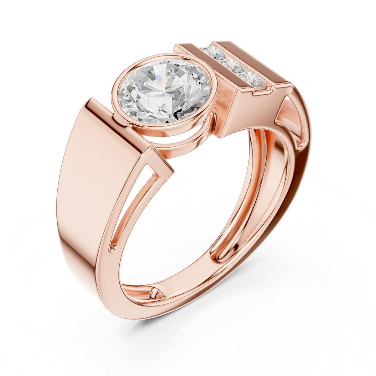 Men's Round Moissanite Ring with Pavé Side Panel – 925 Sterling Silver, 18K Gold Vermeil