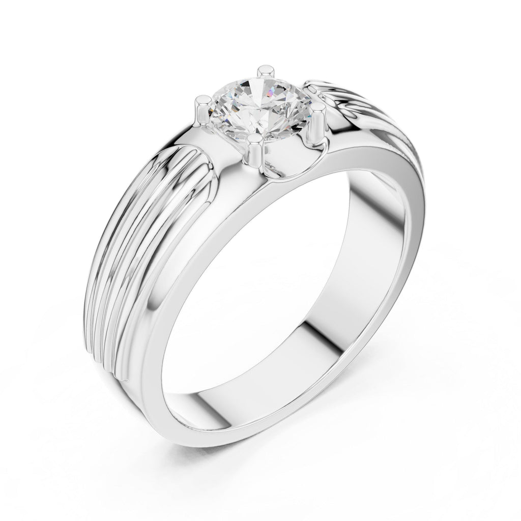 Men's Round Moissanite Solitaire Ring, Grooved Shoulders – 925 Sterling Silver, 18K Gold Vermeil