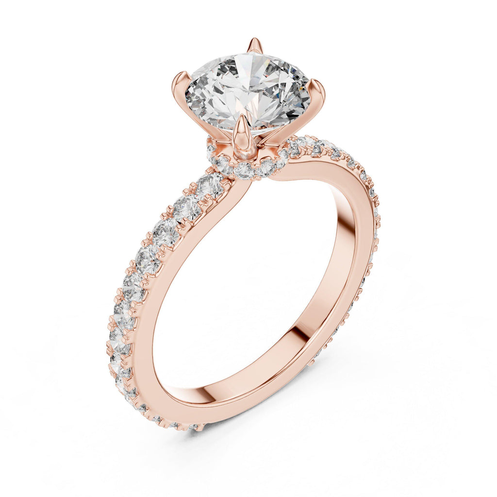 Round Moissanite Solitaire Ring with Pavé Band, Four-Prong – 925 Sterling Silver, 18K Gold Vermeil