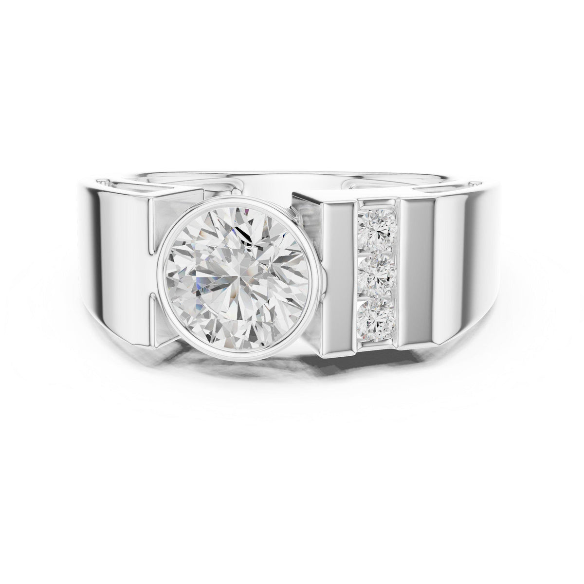 Men's Round Moissanite Ring with Pavé Side Panel – 925 Sterling Silver, 18K Gold Vermeil