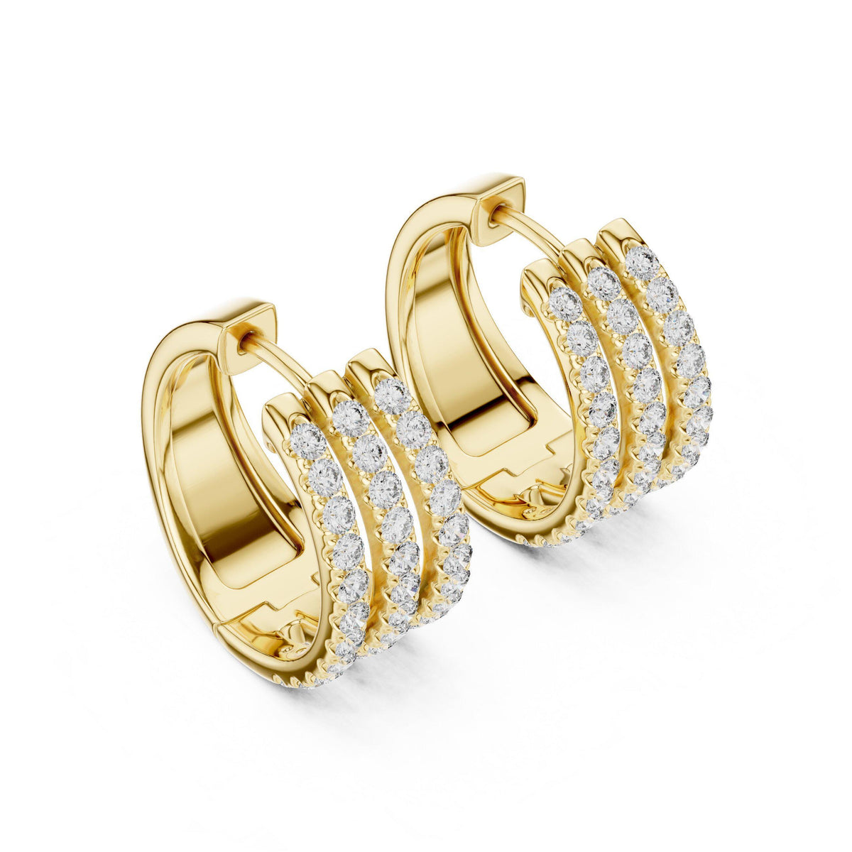 Moissanite Pavé Triple-Row Huggie Hoop Earrings – 925 Sterling Silver, 18K Gold Vermeil
