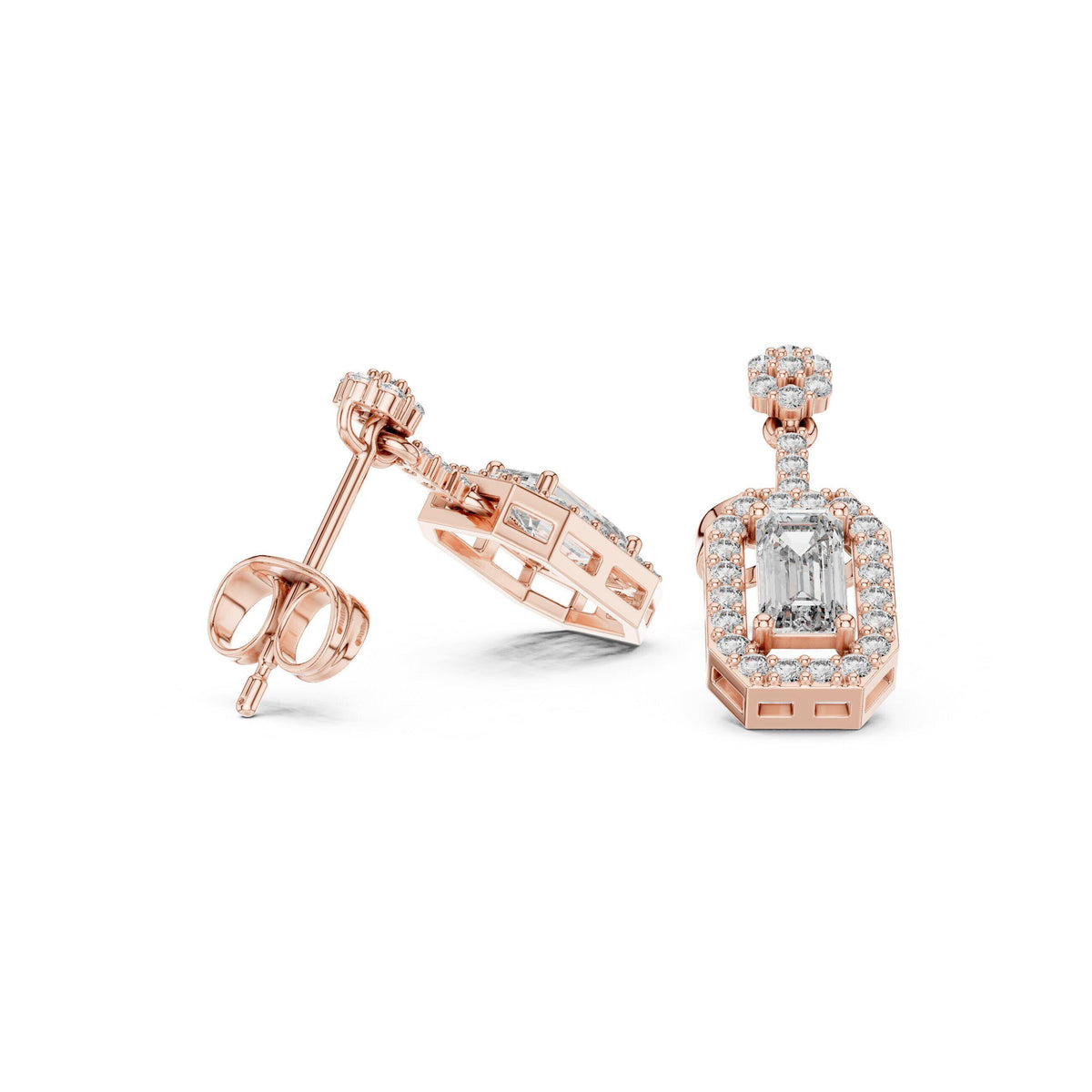 Emerald-Cut Moissanite Octagon Halo Drop Earrings – 925 Sterling Silver, 18K Gold Vermeil