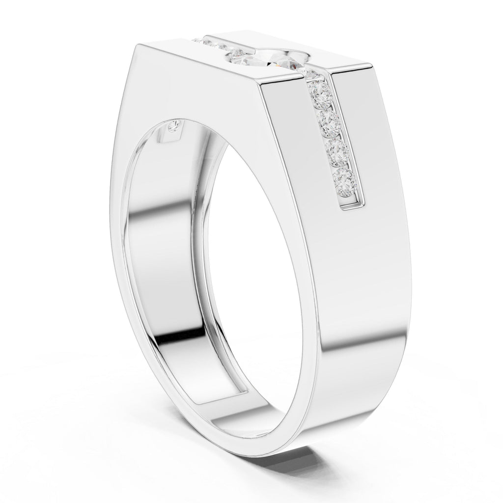 Men's Round Moissanite Ring with Channel Strip, Hexagon Top – 925 Sterling Silver, 18K Gold Vermeil