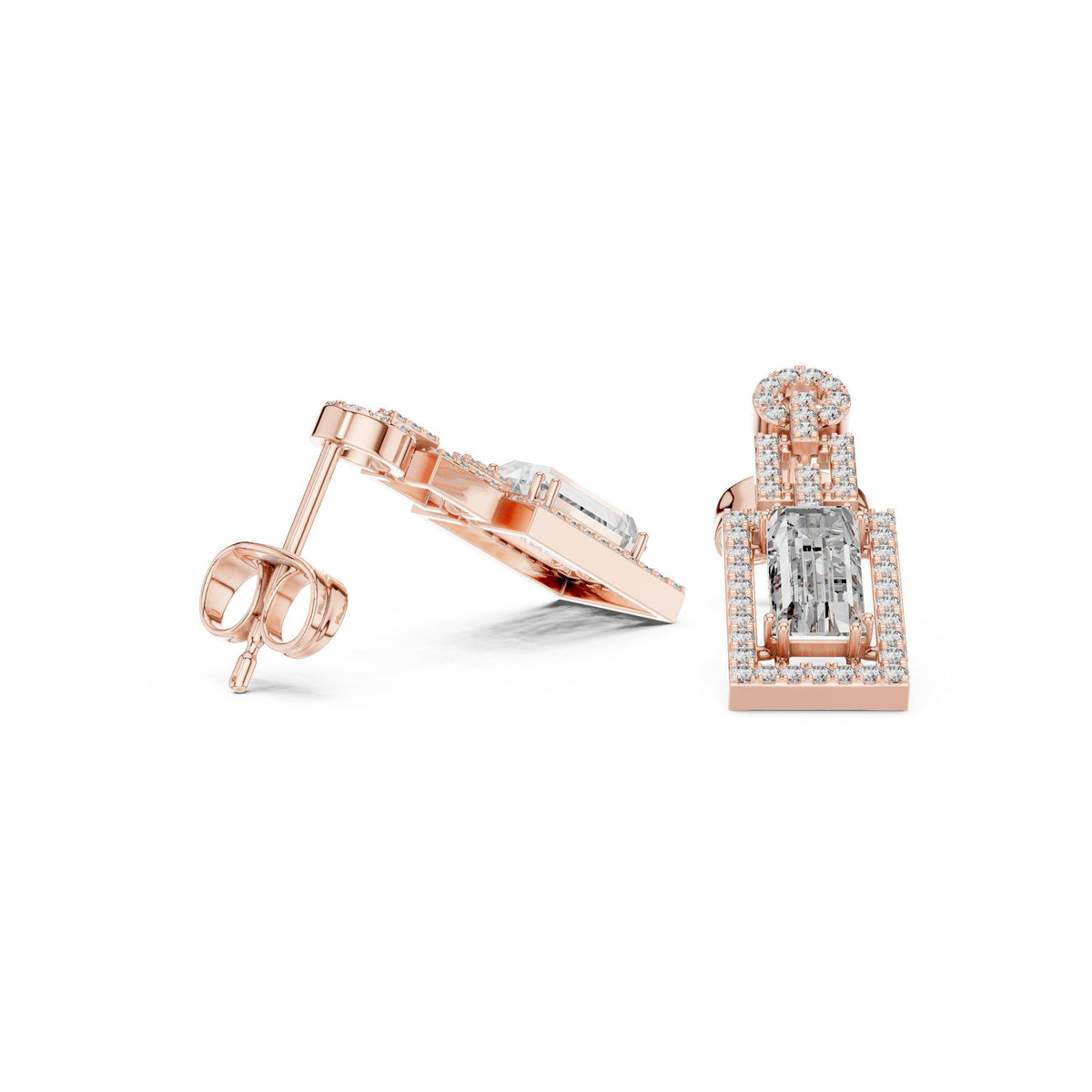 Emerald-Cut Moissanite Geometric Halo Drop Earrings – 925 Sterling Silver, 18K Gold Vermeil