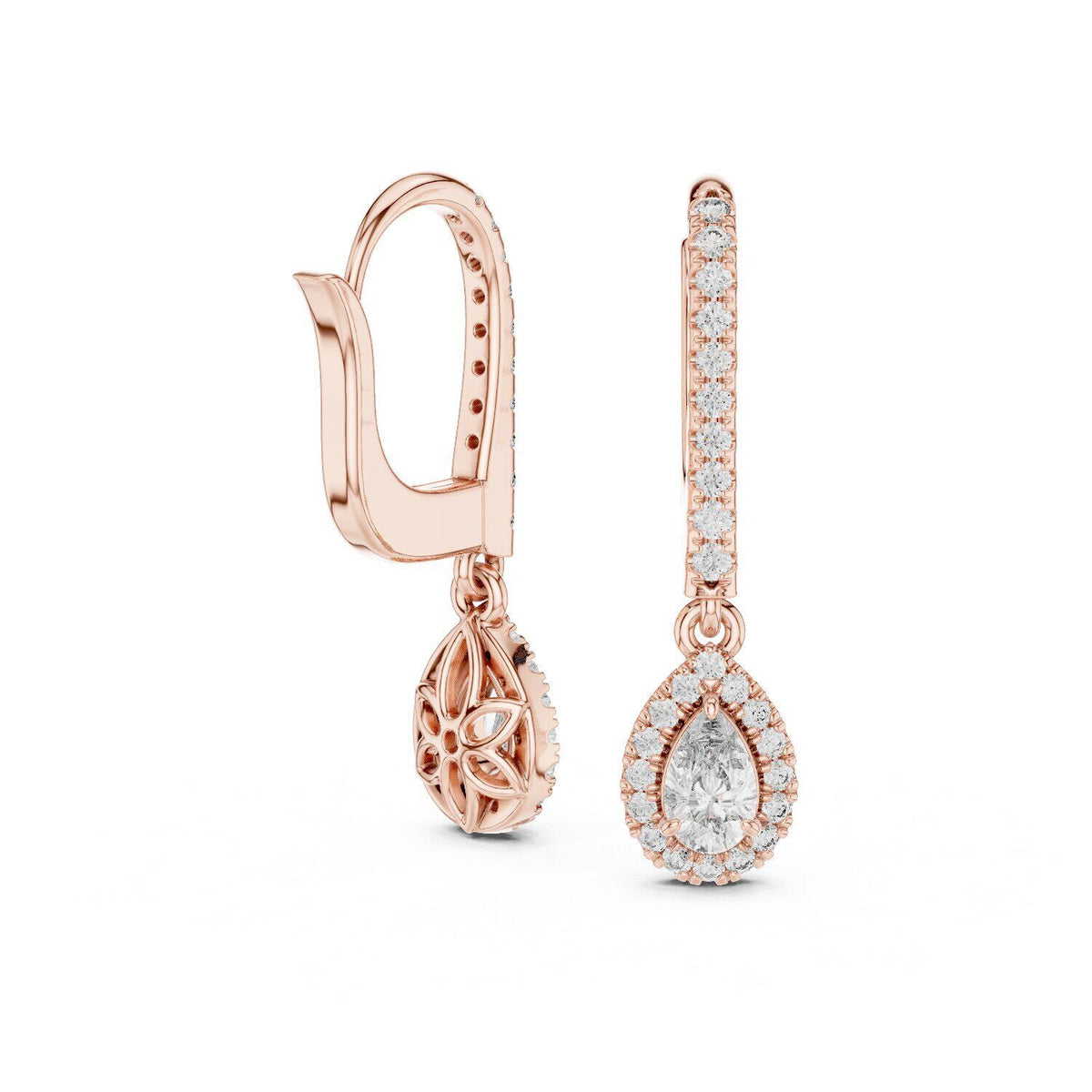Pear Moissanite Halo Lever Drop Earrings – 925 Sterling Silver, 18K Gold Vermeil