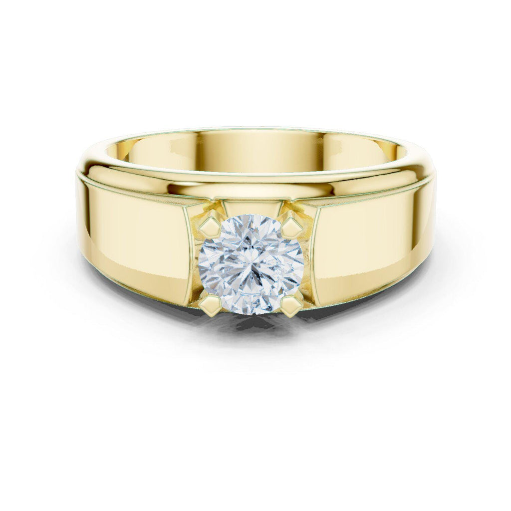 Men's Round Moissanite Four-Prong Ring, Wide Flat Band – 925 Sterling Silver, 18K Gold Vermeil
