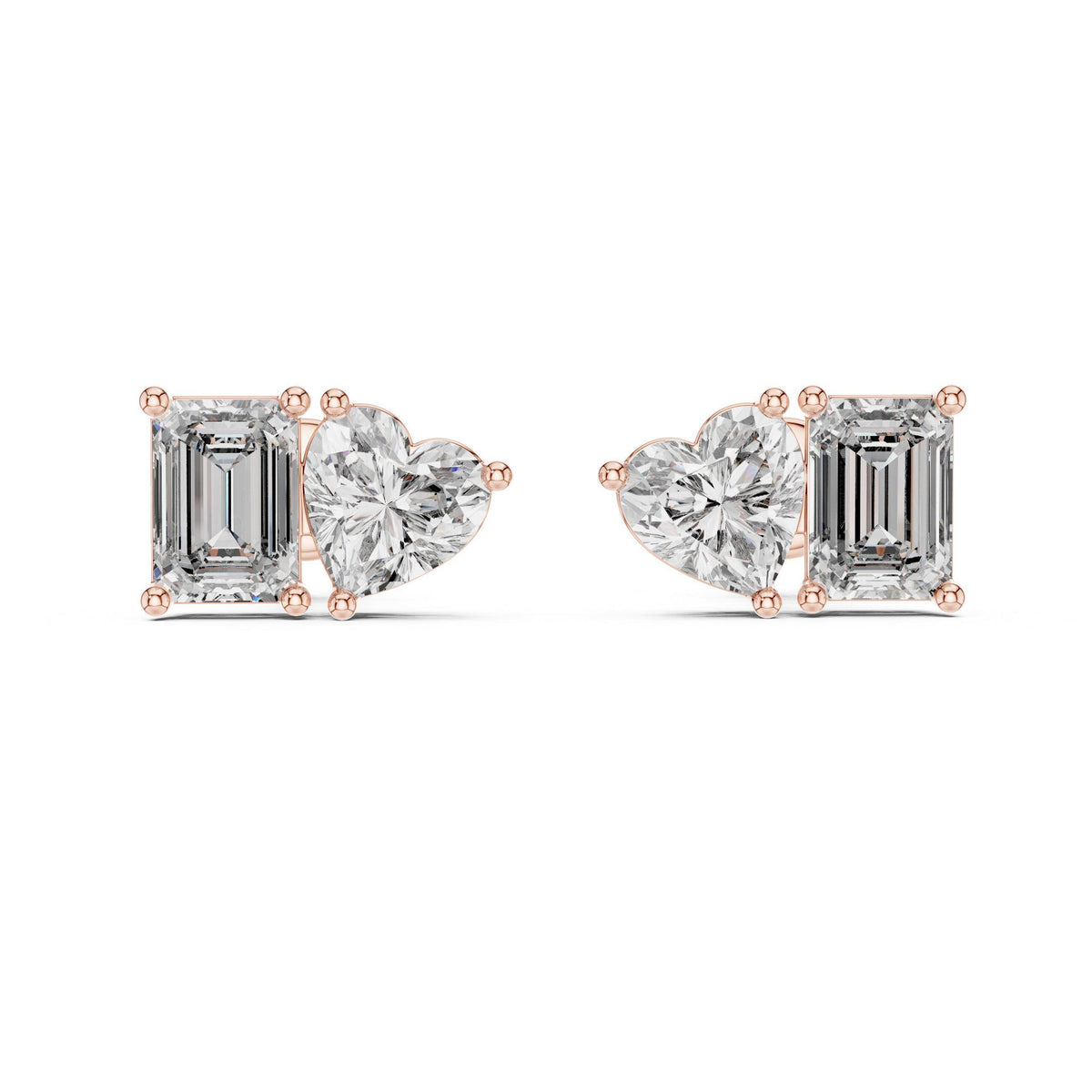 Heart & Emerald-Cut Moissanite Toi et Moi Stud Earrings – 925 Sterling Silver, 18K Gold Vermeil