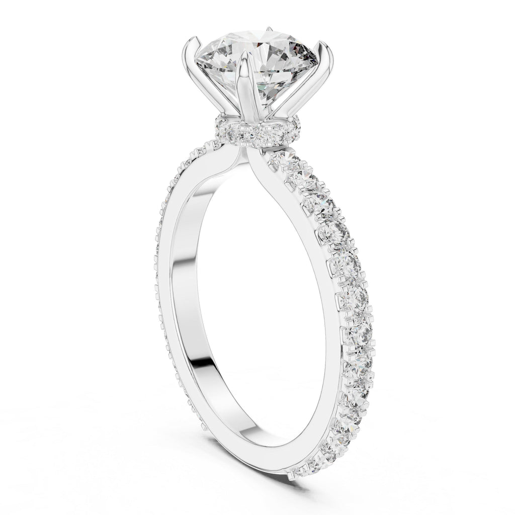 Round Moissanite Solitaire Ring with Pavé Band, Four-Prong – 925 Sterling Silver, 18K Gold Vermeil