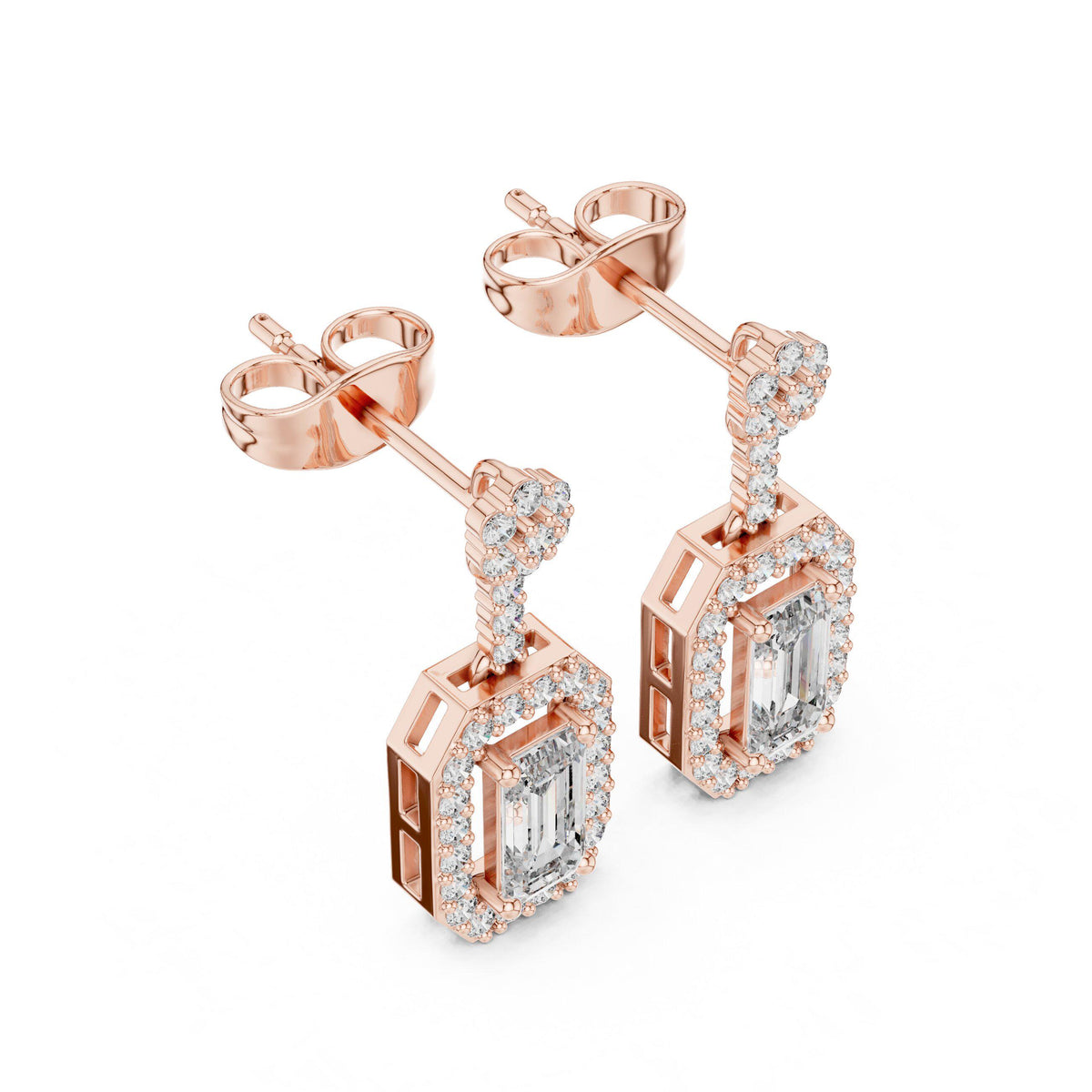 Emerald-Cut Moissanite Octagon Halo Drop Earrings – 925 Sterling Silver, 18K Gold Vermeil