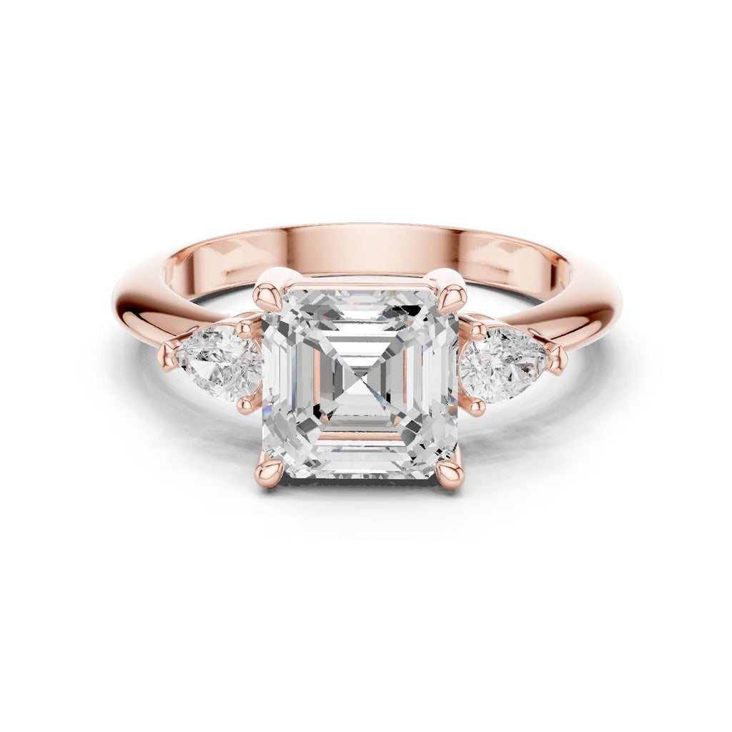 Asscher-Cut Moissanite Three-Stone Ring with Pear Side Stones – 925 Sterling Silver, 18K Gold Vermeil