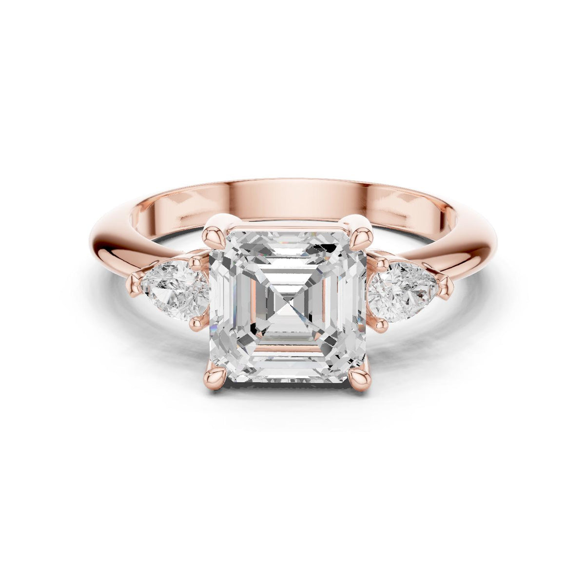 Asscher-Cut Moissanite Three-Stone Ring with Pear Side Stones – 925 Sterling Silver, 18K Gold Vermeil