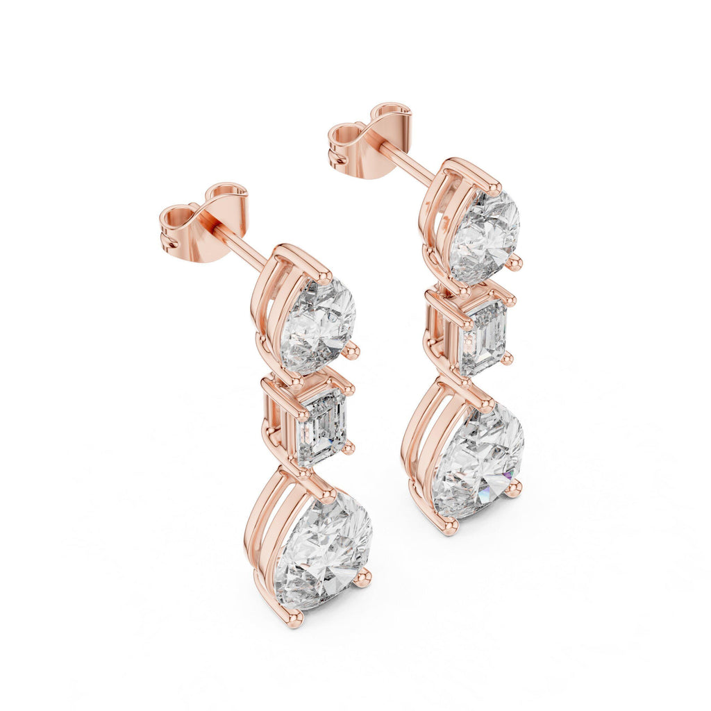 Pear & Emerald-Cut Moissanite Three-Stone Drop Earrings – 925 Sterling Silver, 18K Gold Vermeil