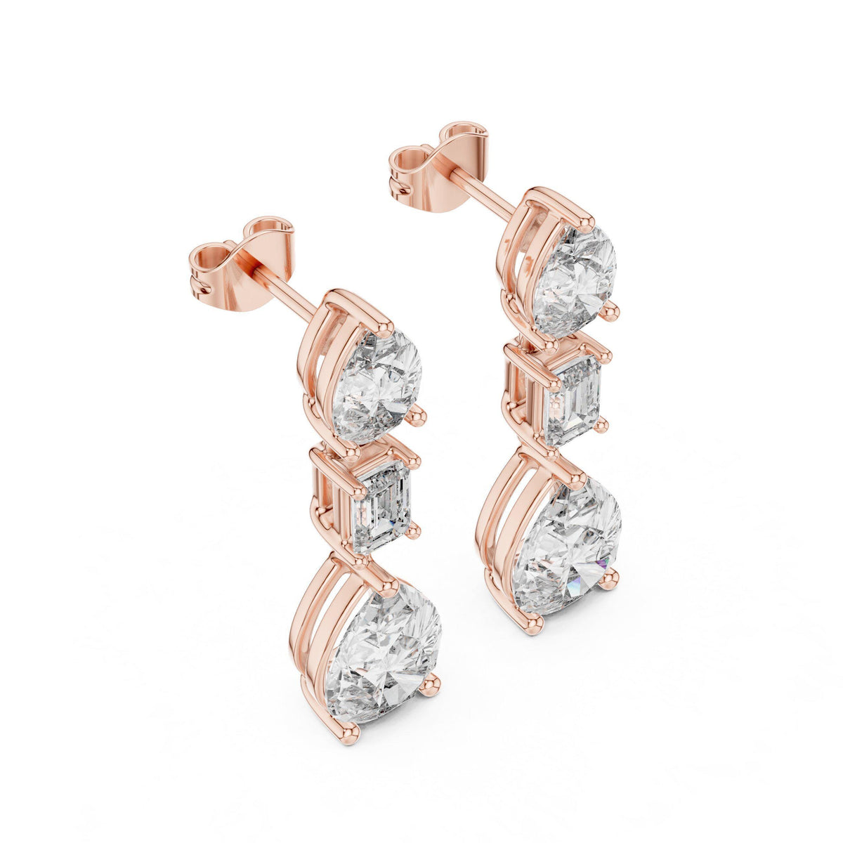 Pear & Emerald-Cut Moissanite Three-Stone Drop Earrings – 925 Sterling Silver, 18K Gold Vermeil
