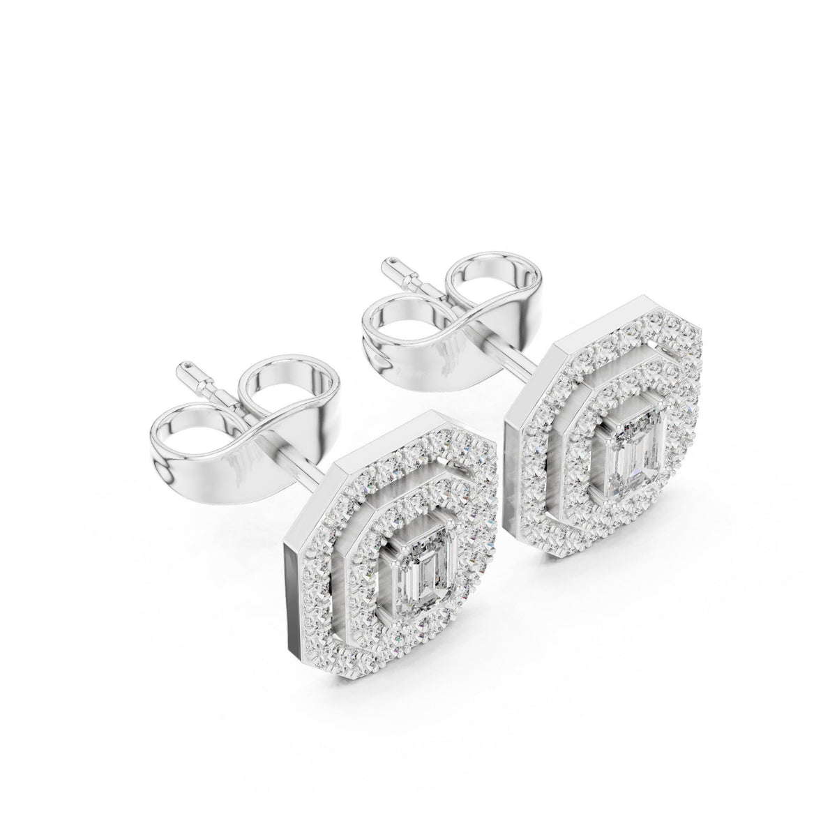 Emerald-Cut Moissanite Octagon Double-Halo Stud Earrings – 925 Sterling Silver, 18K Gold Vermeil