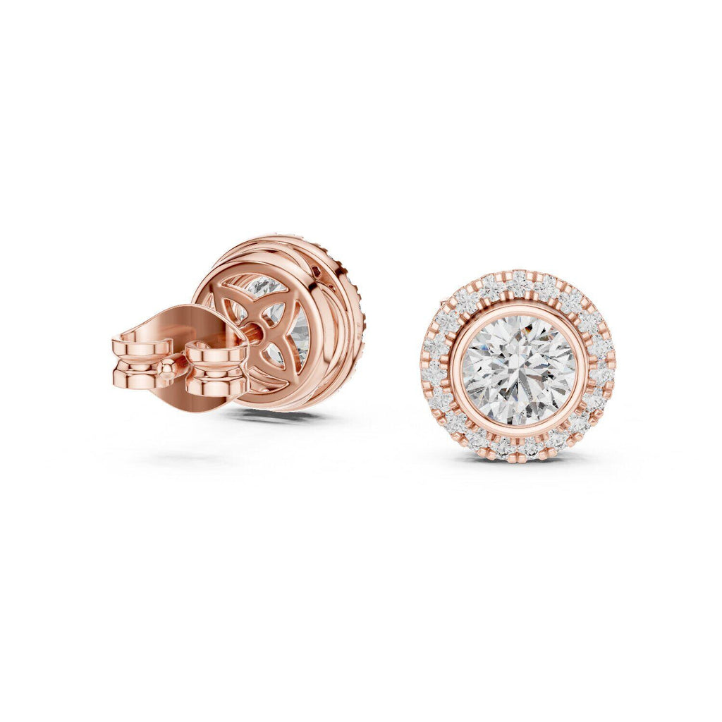 Round Moissanite Bezel Halo Stud Earrings – 925 Sterling Silver, 18K Gold Vermeil