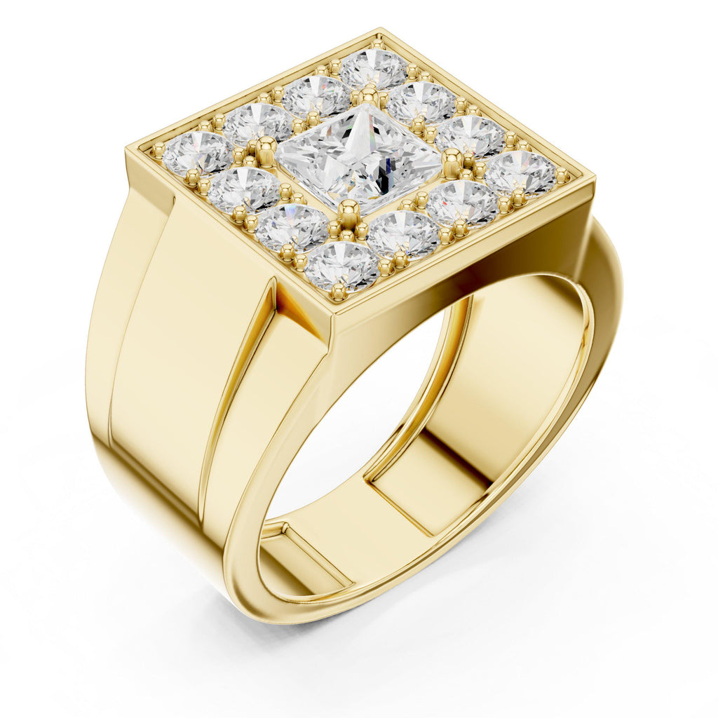 Men's Princess-Cut Moissanite Halo Signet Ring – 925 Sterling Silver, 18K Gold Vermeil