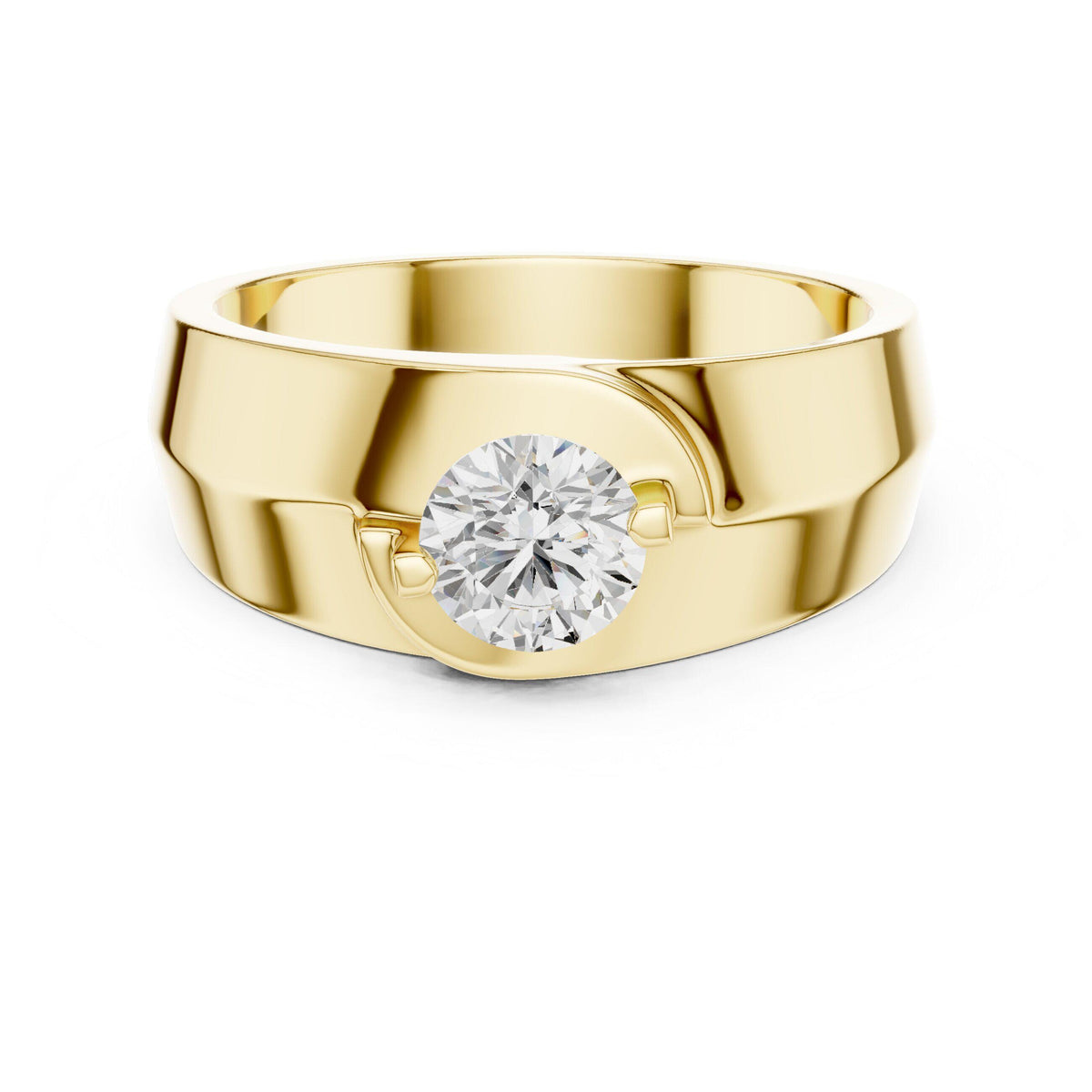 Men's Round Moissanite Ring, Tapered Wide Band – 925 Sterling Silver, 18K Gold Vermeil