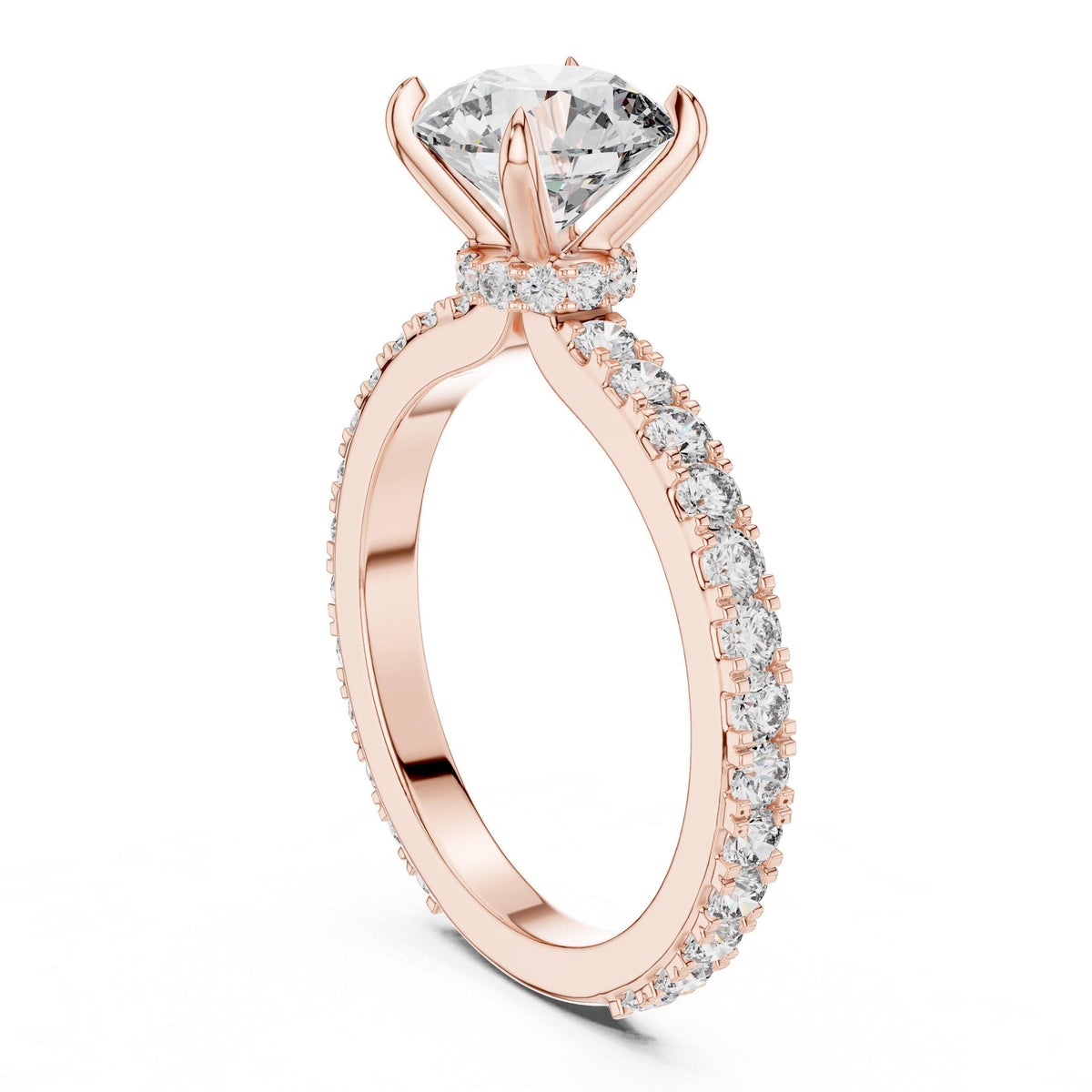Round Moissanite Solitaire Ring with Pavé Band, Four-Prong – 925 Sterling Silver, 18K Gold Vermeil