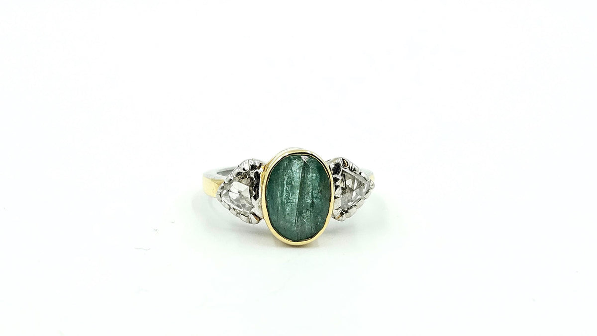 Oval Cabochon Emerald Ring with Diamond Accents – 925 Sterling Silver, 18K Gold Vermeil