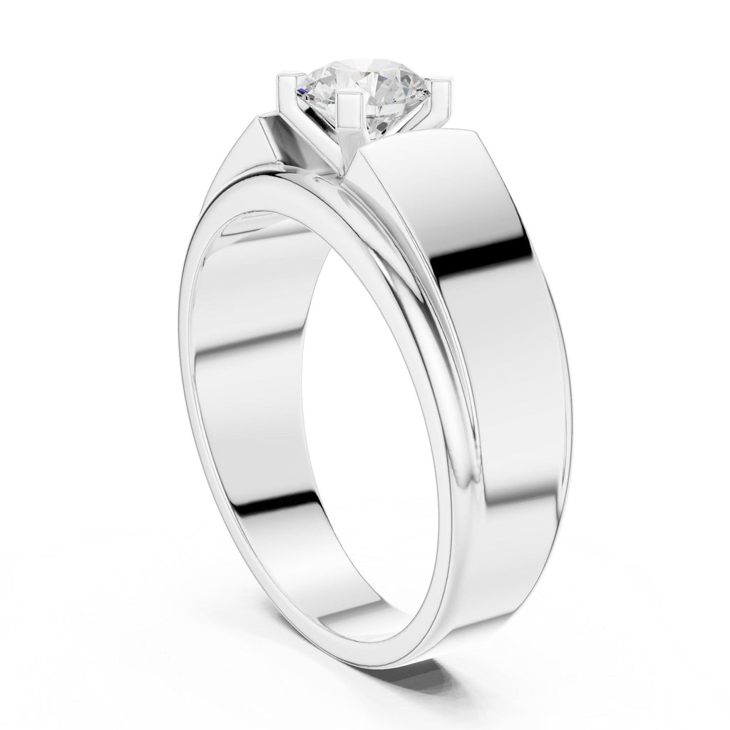 Men's Round Moissanite Four-Prong Ring, Wide Flat Band – 925 Sterling Silver, 18K Gold Vermeil