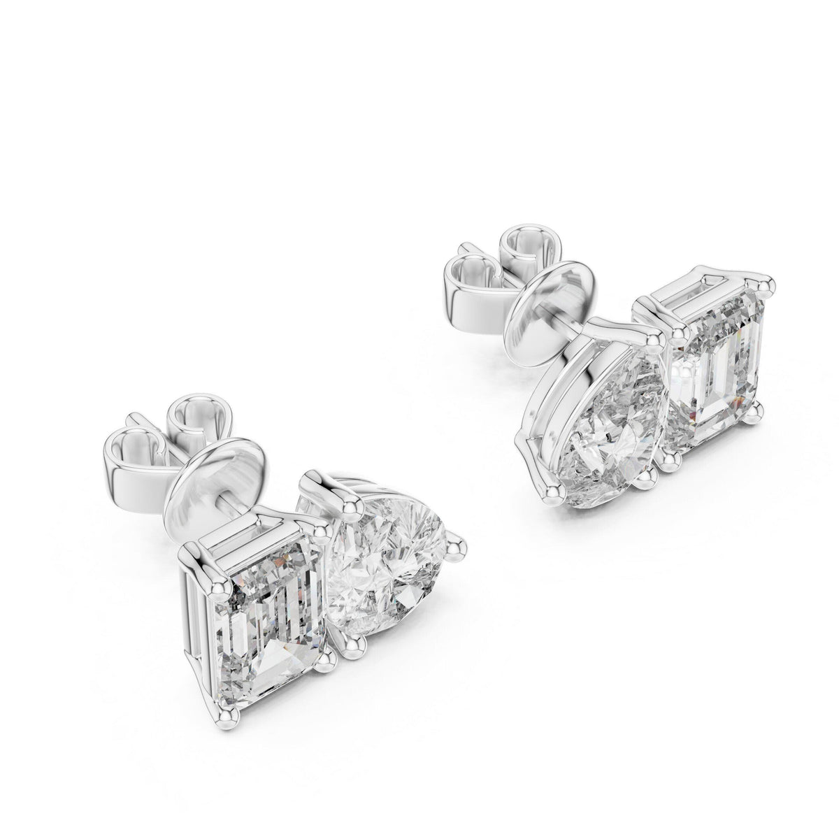 Heart & Emerald-Cut Moissanite Toi et Moi Stud Earrings – 925 Sterling Silver, 18K Gold Vermeil