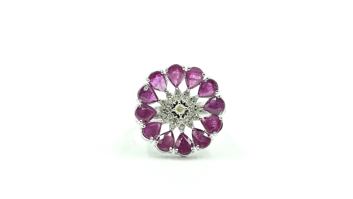 Ruby & Diamond Flower Cluster Ring – 925 Sterling Silver, 18K White Gold Vermeil