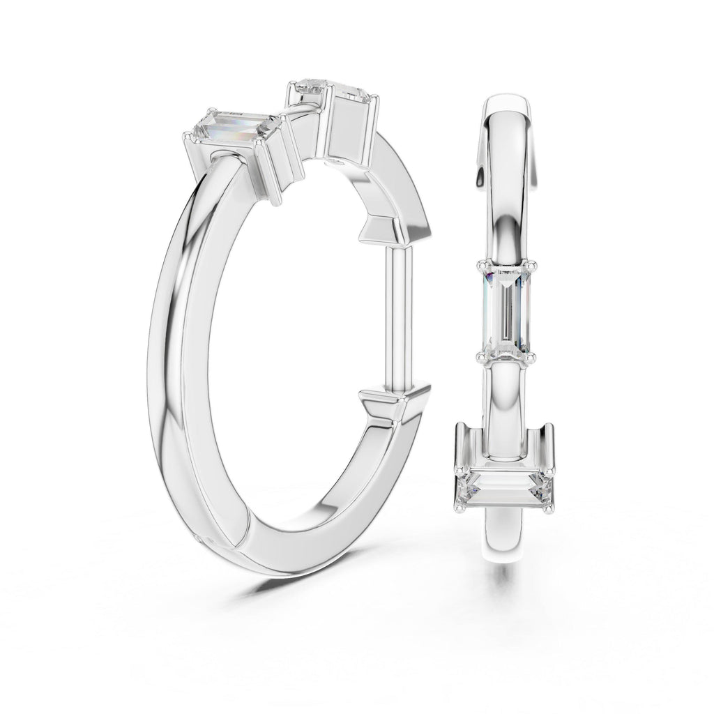 Baguette Moissanite Station Hoop Earrings – 925 Sterling Silver, 18K Gold Vermeil