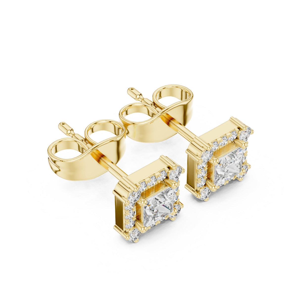 Princess Moissanite Square Halo Stud Earrings – 925 Sterling Silver, 18K Gold Vermeil