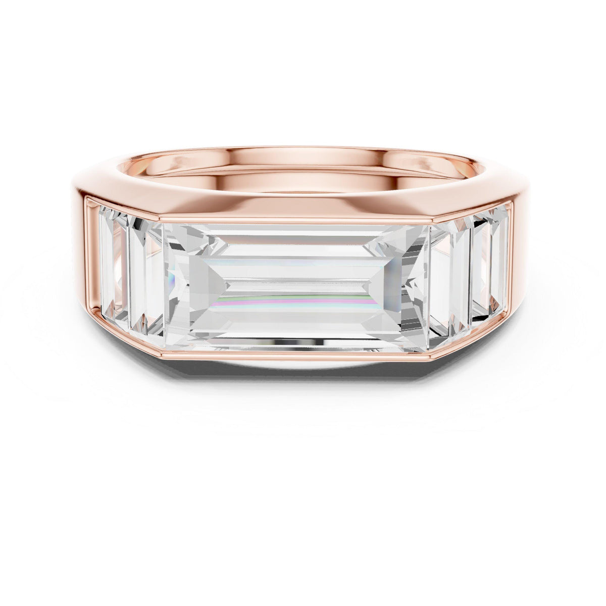 Men's Three-Stone Emerald-Cut Moissanite Ring – 925 Sterling Silver, 18K Gold Vermeil