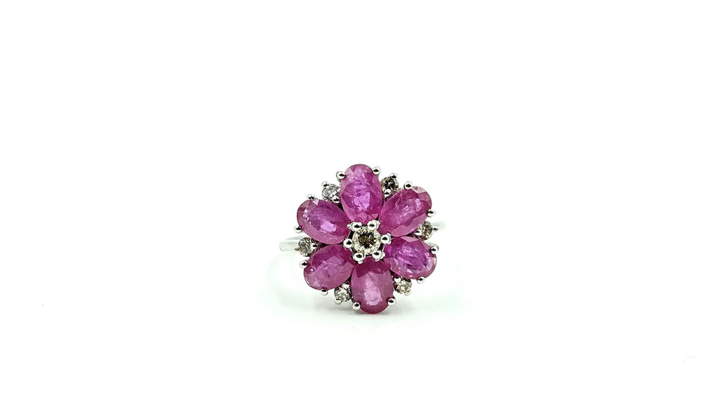 Oval Ruby Flower Cluster Ring with Diamond Centre – 925 Sterling Silver, 18K White Gold Vermeil