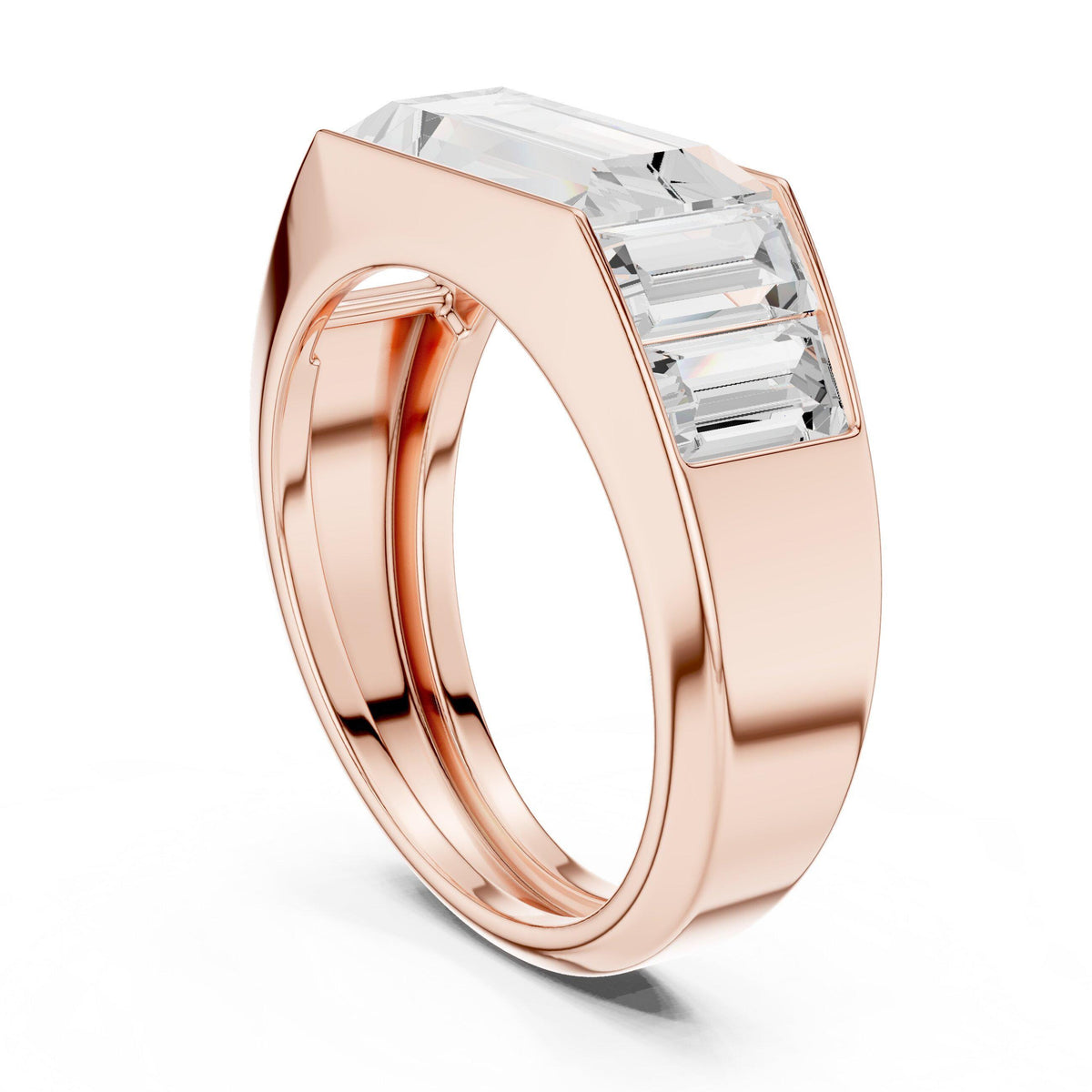Men's Three-Stone Emerald-Cut Moissanite Ring – 925 Sterling Silver, 18K Gold Vermeil