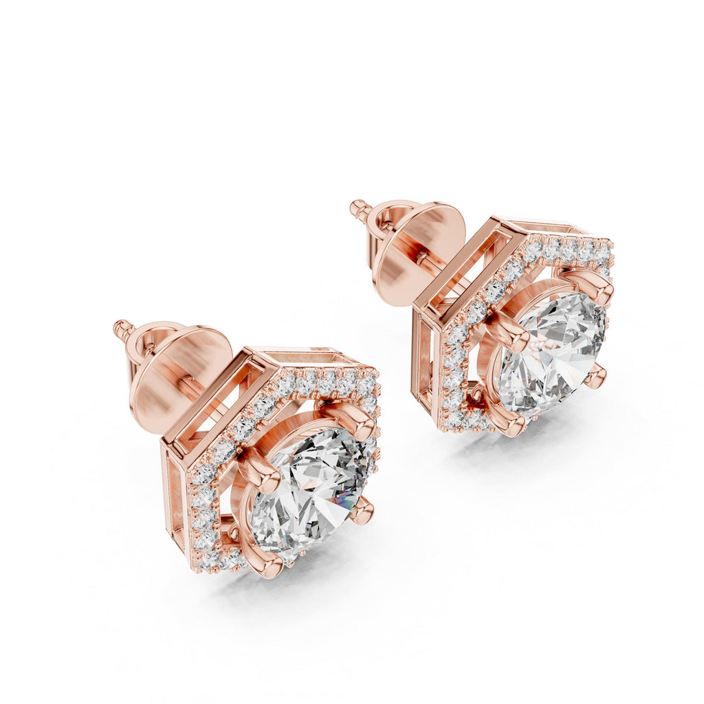 Round Moissanite Hexagon Halo Stud Earrings – 925 Sterling Silver, 18K Gold Vermeil