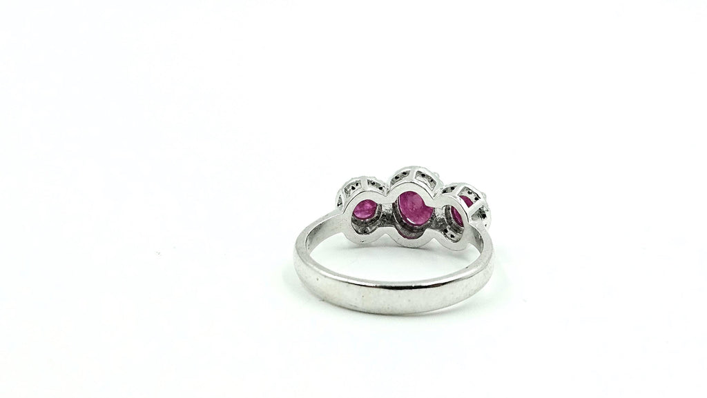 Three-Stone Oval Ruby & Diamond Halo Ring – 925 Sterling Silver, 18K White Gold Vermeil
