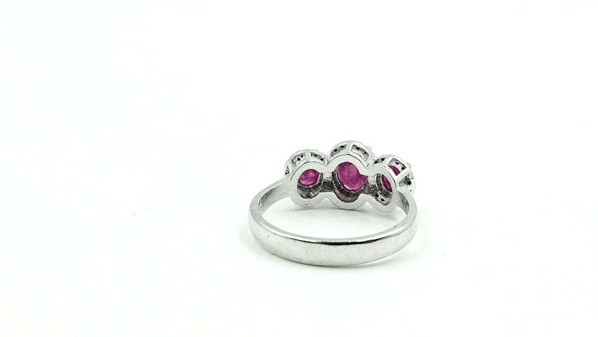 Three-Stone Oval Ruby & Diamond Halo Ring – 925 Sterling Silver, 18K White Gold Vermeil