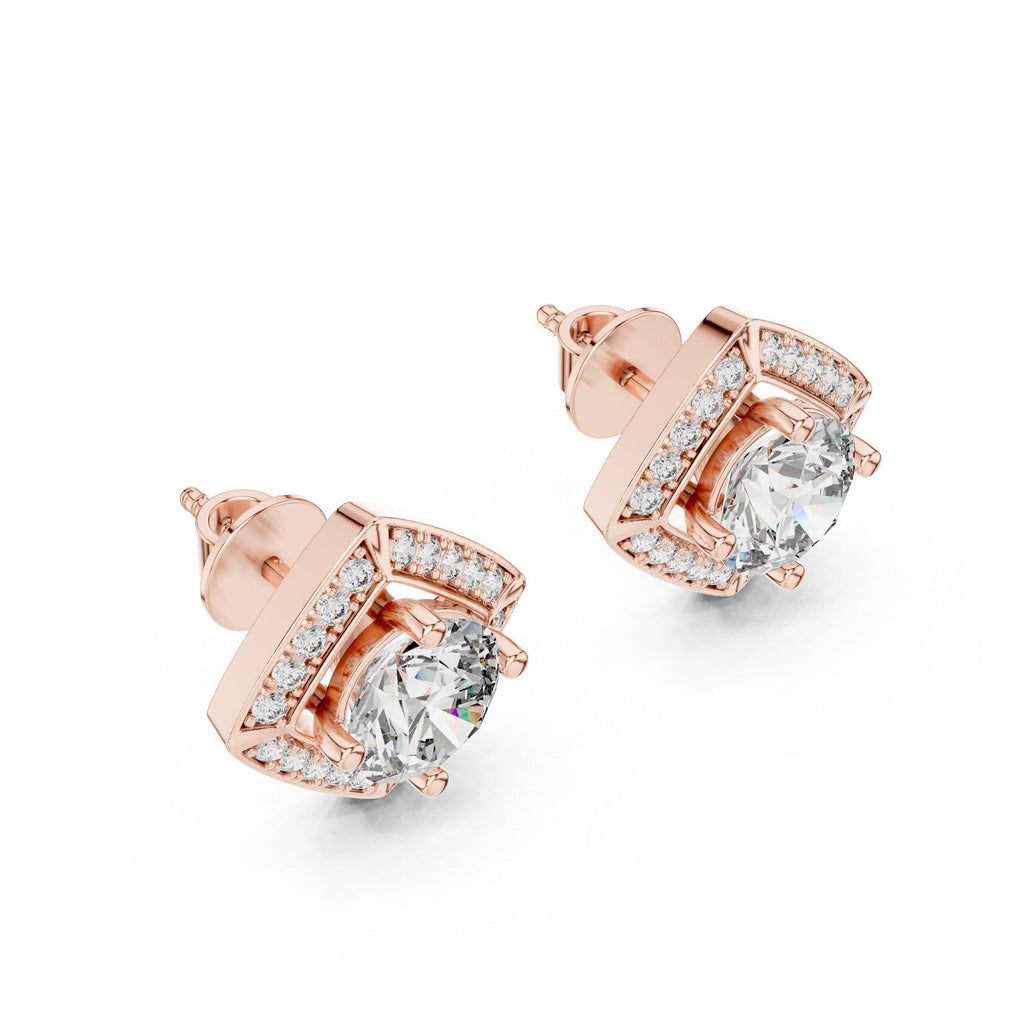 Square Halo Round Moissanite Stud Earrings – 925 Sterling Silver, 18K Gold Vermeil