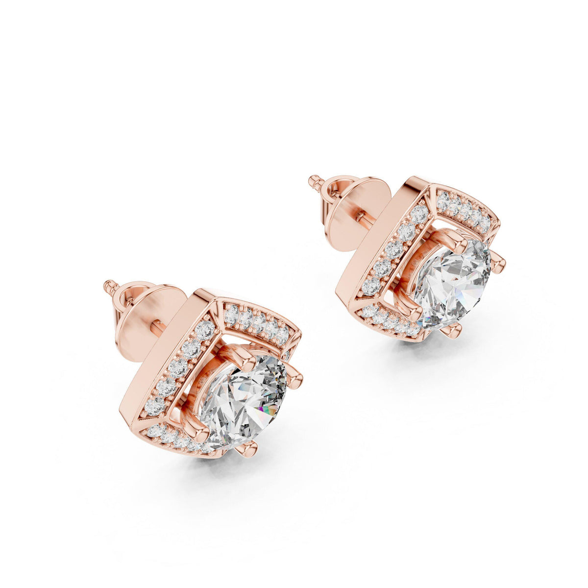 Square Halo Round Moissanite Stud Earrings – 925 Sterling Silver, 18K Gold Vermeil