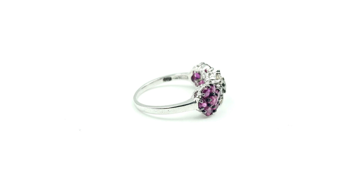Triple-Cluster Ruby & Diamond Ring – 925 Sterling Silver, 18K White Gold Vermeil