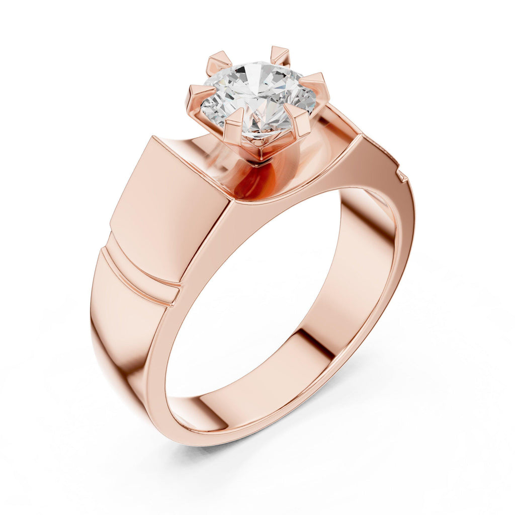 Men's Round Moissanite Ring, Angular Stepped Band – 925 Sterling Silver, 18K Gold Vermeil