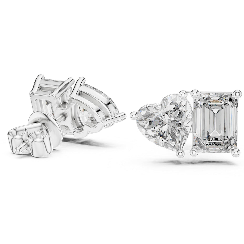 Heart & Emerald-Cut Moissanite Toi et Moi Stud Earrings – 925 Sterling Silver, 18K Gold Vermeil
