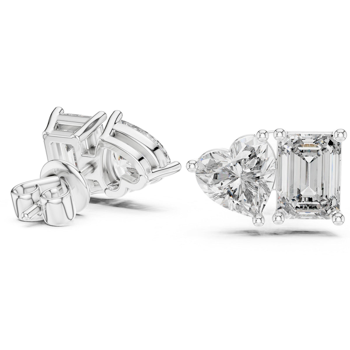 Heart & Emerald-Cut Moissanite Toi et Moi Stud Earrings – 925 Sterling Silver, 18K Gold Vermeil